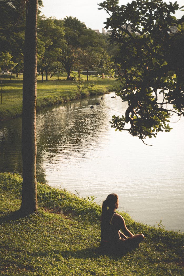 A woman meditates by a serene lake surrounded by lush greenery in a park.